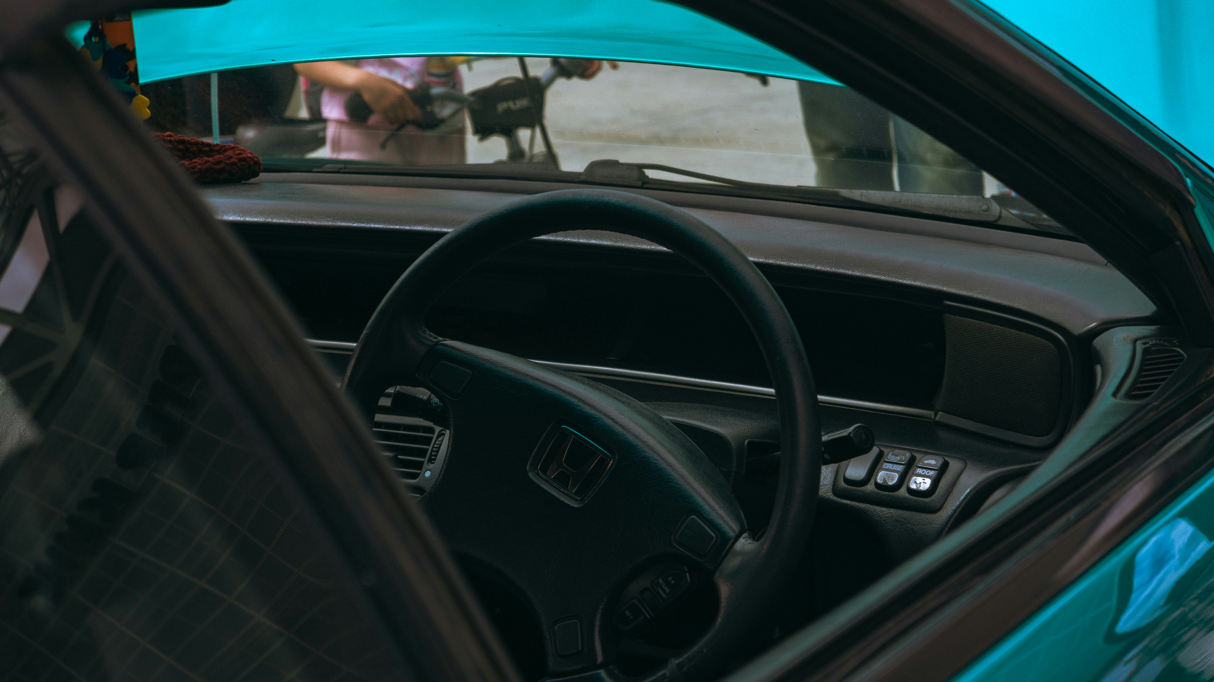 Car interior with turquoise styling